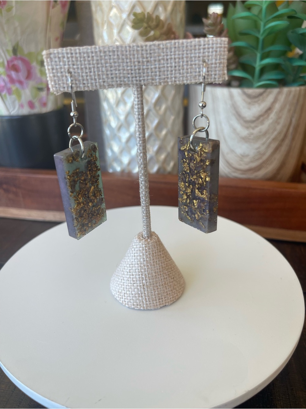 Handmade Purple Resin Rectangle Earrings with Gold Foil
